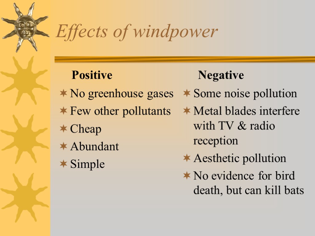 Effects of windpower No greenhouse gases Few other pollutants Cheap Abundant Simple Some noise